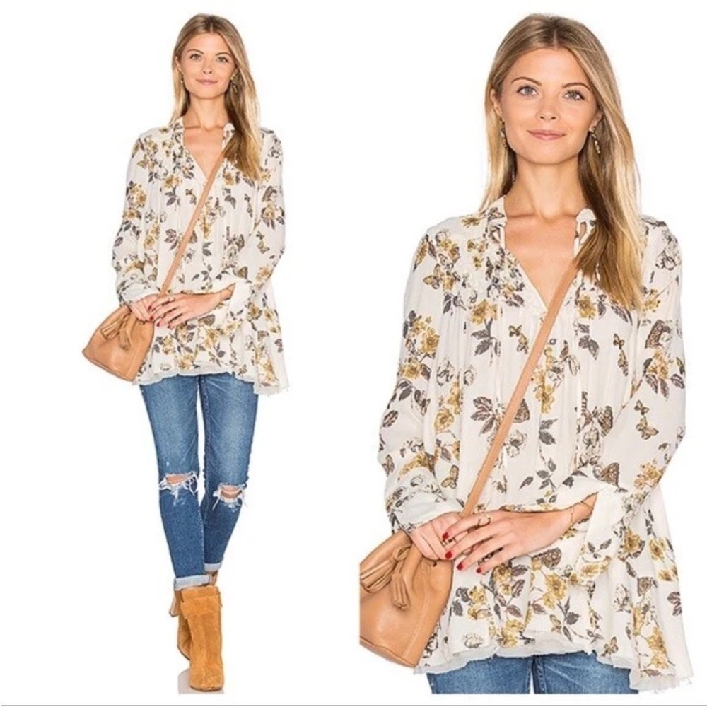 Free People Womens Pebble Crepe Butterfly Tunic  Ivory Fringe Boho Peasant Small - Picture 5 of 15